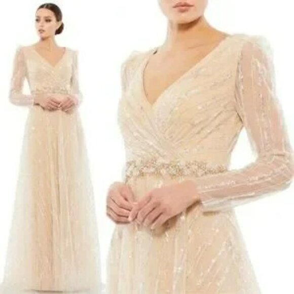 Mac Duggal Dresses & Skirts - NEW WITH TAGS $698 Mac Duggal Long Sleeve Gown Champagne W/ Silver Sequins. SZ 4